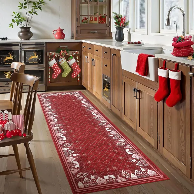 Triumpunpre Kerst Vloerkleed Rond 120 cm - Kersttapijt met Sneeuwhuis en Sterrenhemel Design - Zacht Wasbaar Kleed voor de Woonkamer rood