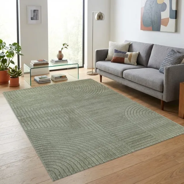 TapisTrend Designer tapijt Groen Modern vloerkleed met concentrische bogen en verhoogde geometrische lijnen voor woonkamer en slaapkamer