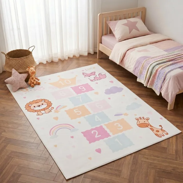 Tapiso Kids Kindervloerkleed Hinkelspel Speelkleed – Crème Roze Pastel Leeuw Giraf Meisjeskamer – Antislip Wasbaar Multi