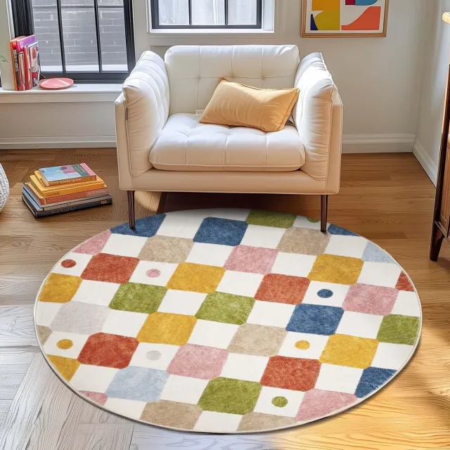 Unyqoos Modern rond vloerkleed met kleurrijk geometrisch patroon en antislip achterkant