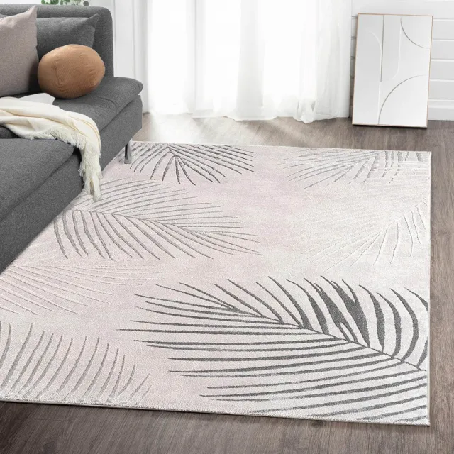 flycarpets Evora Leaves Modern Vloerkleed Grijs – Laagpolig Tapijt Woonkamer – 120x160 cm