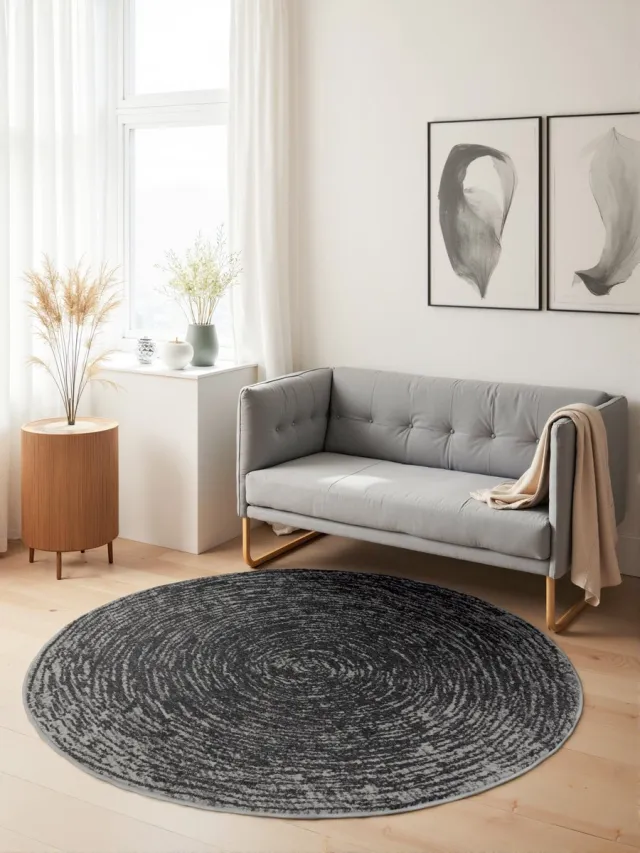 flycarpets Gloria Rond Laagpolig Vloerkleed - Grijs - Ø 120 cm rond