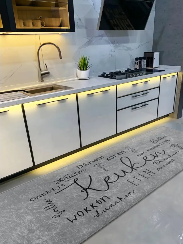De Groen Home Keukenloper 65x180cm Vloerkleed - KNUS KOKEN COLLECTIE - Wasbaar Antislip - Laagpolig Vuilafstotend & Zacht Tapijt zwart & grijs