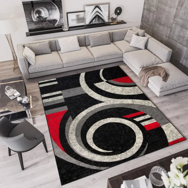 Tapiso Qmega Vloerkleed Zwart Grijs Rood Woonkamer Tapijt