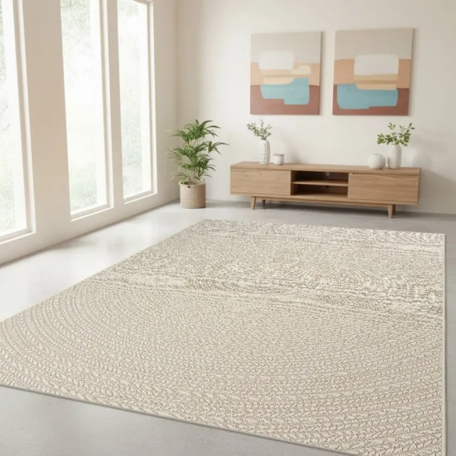 TapisTrend Designer tapijt Crème 160x230 cm Modern vloerkleed Jute gevlochten effect en concentrisch ovaal patroon voor woonkamer, slaapkamer en eetkamer Beige