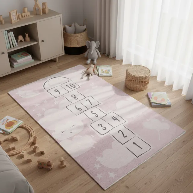 TESSO LIVING Vloerkleed Kinderkamer - Roze Hinkelspel 120 x 160 cm Tapijt Kinderkamer – Machine Wasbaar & Anti-Slip – Premium Laagpolige Speelmat voor Kids