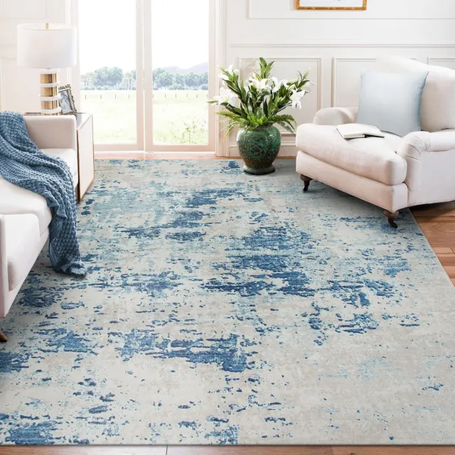Unyqoos Wasbaar laagpolig tapijt met antislip voor woonkamer en slaapkamer, blauw-grijs ontwerp blauw en wit