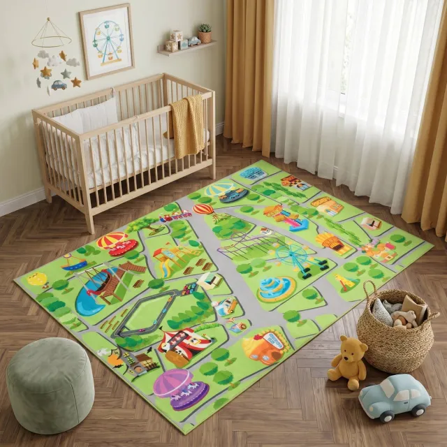 Tapiso Kids Kindervloerkleed Pretpark Speelkleed – Speeltapijt Groen Reuzenrad Achtbaan – Antislip Wasbaar 180x250