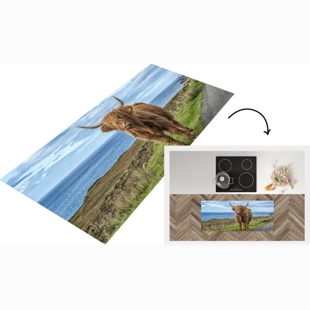 KitchenYeah Keukenloper - Loper keuken - Schotse Hooglander - Water - Horens - Keukenloper vinyl Multicolor